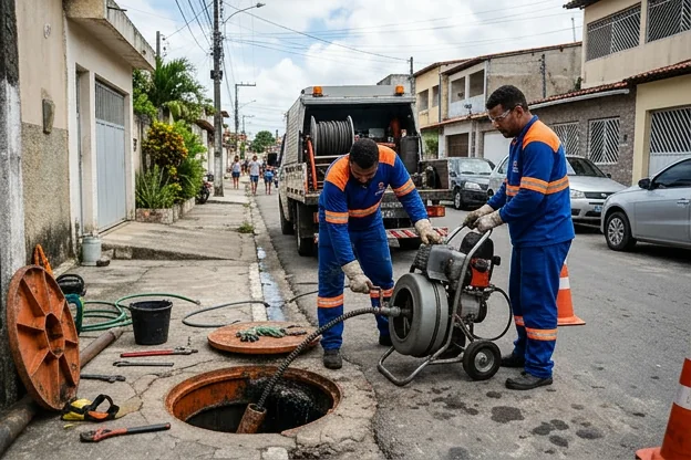 Equipe atendendo com urgência uma solicitação de desentupimento.