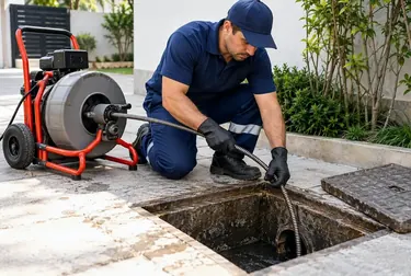 Equipe desentupindo esgoto em área urbana.