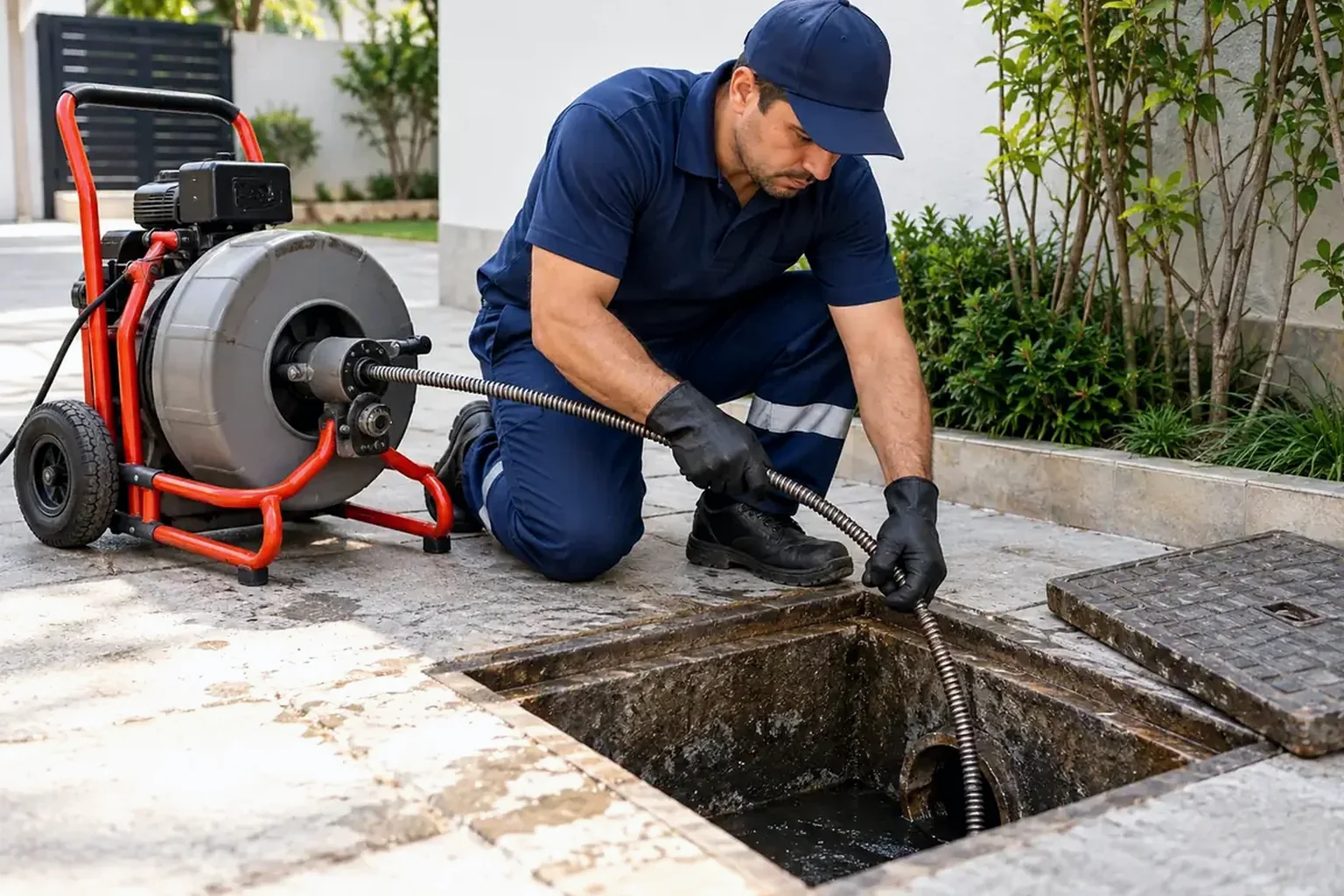 Equipe desentupindo esgoto em área urbana.