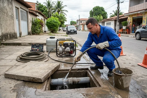 Profissional realizando manutenção preventiva nas tubulações de uma casa.
