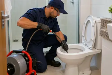 Técnico desentupindo vaso sanitário com equipamento apropriado.