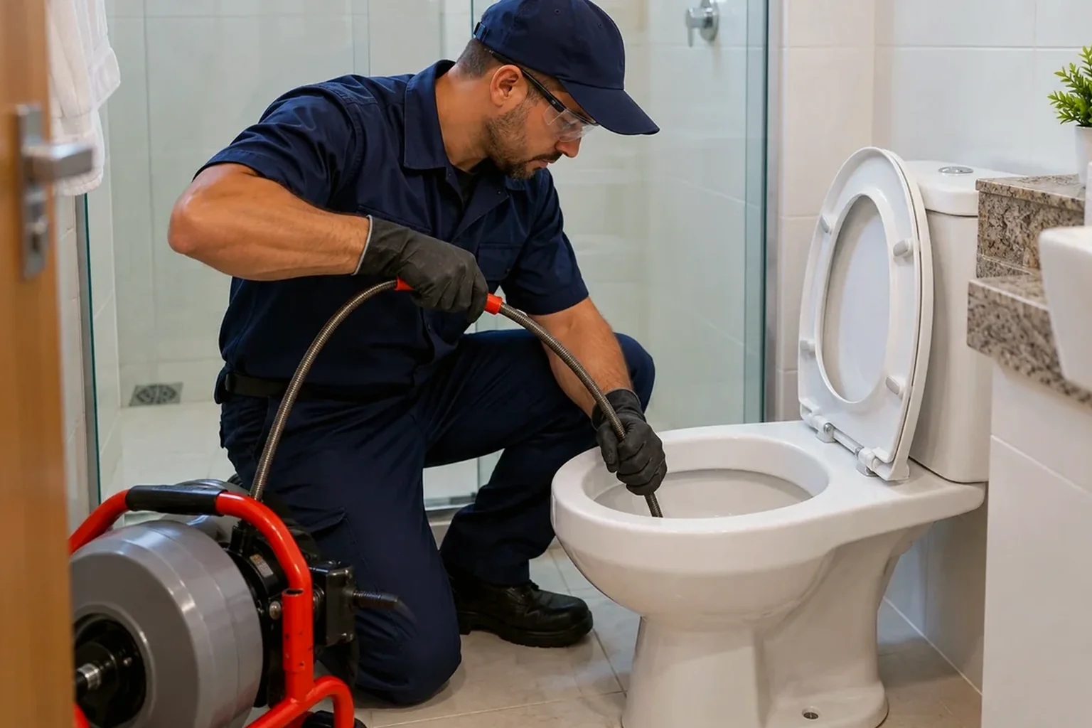 Técnico desentupindo vaso sanitário com equipamento apropriado.