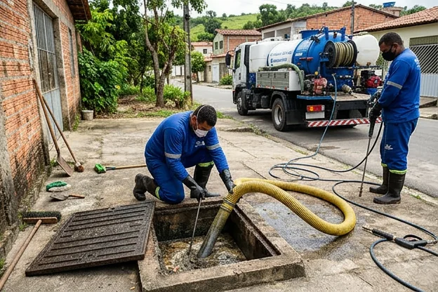 Técnico realizando a limpeza de uma caixa de gordura.